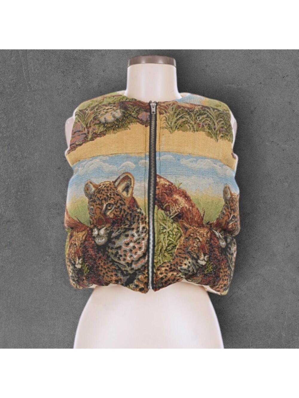 One of One OOAK Upcycled Vintage Tapestry Blanket Leopard Cropped Puffer Vest M